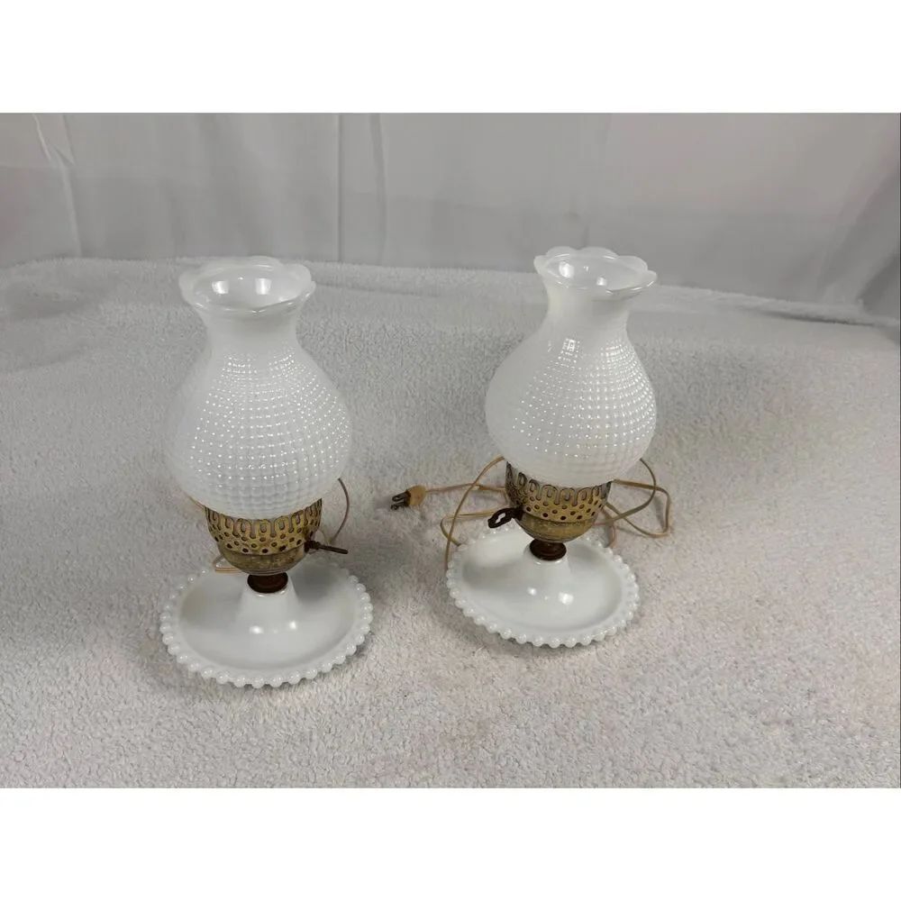 Vintage White Hobnail Milk Glass Hurricane Lamps